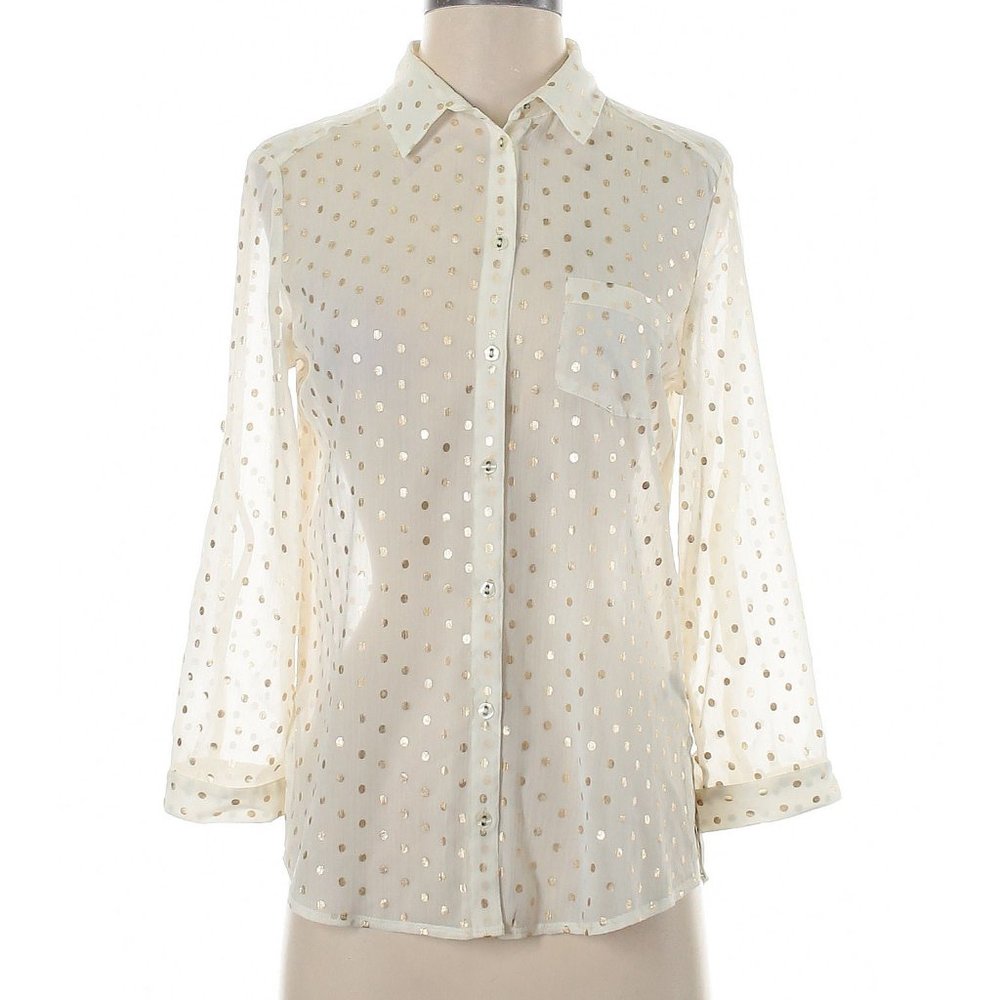 Aerie 3/4 Sleeve Sheer Blouse in Ivory/Gold SZ XS